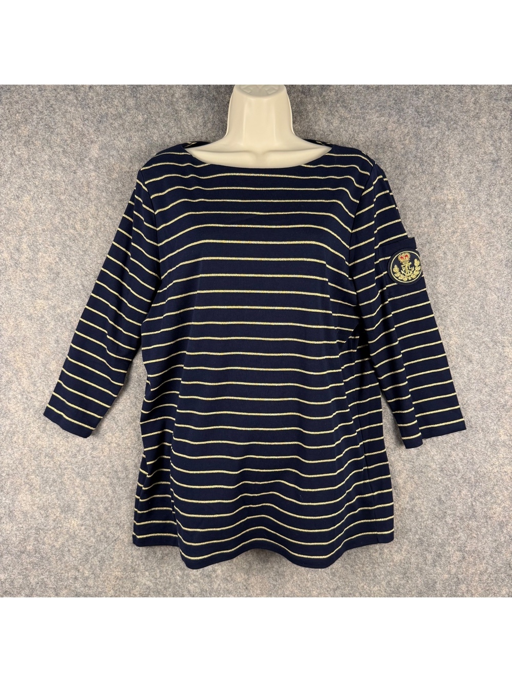 Lauren Ralph Lauren 3/4 Sleeve Boat Neck Top Navy Blue Metallic Gold Women 1X